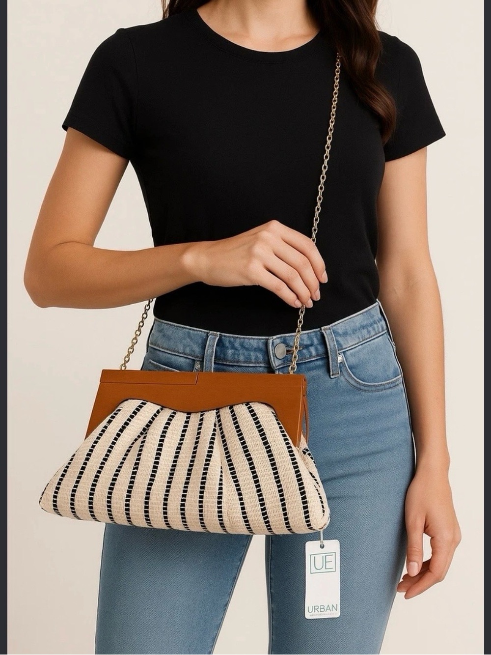 Urban Expressions Cream and Black Striped Clutch with WoodenFrame and Gold Chain